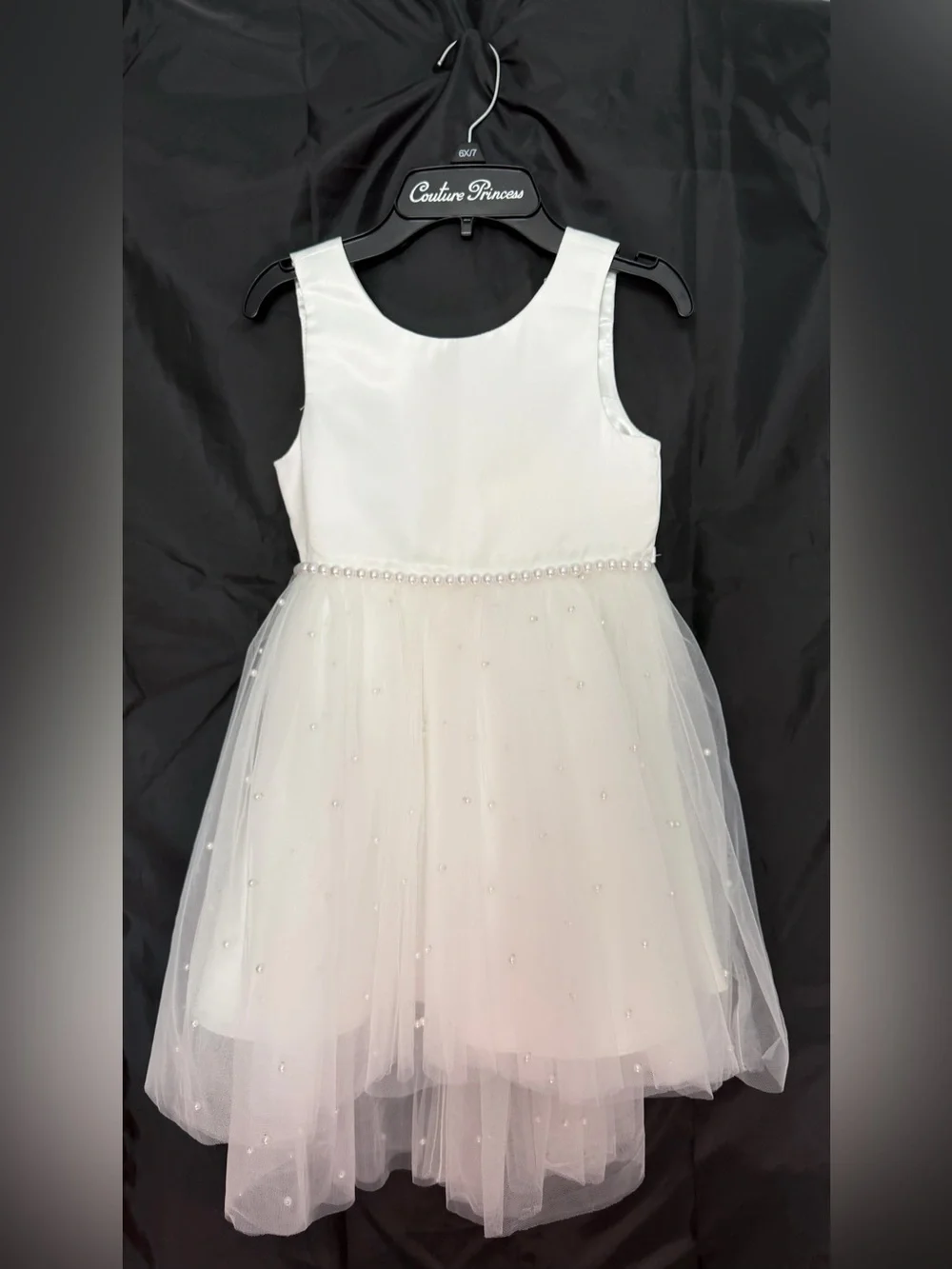 Girls’ Couture Princess White Pearl Trim Tulle Dress